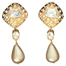CHANEL- VINTAGE LONG QUILTED CRYSTAL PEARL DROP EARRINGS - Chanel