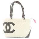CHANEL Cambon Line Tote Bag Lamb Skin White Black pink CC Auth am2172ga - Chanel