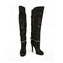Sergio Rossi Black Leather Faux Zipper Knee Boots High Heels Shoes size 40