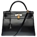 Stunning Hermes Kelly handbag 32 returned shoulder strap (lined dice) black box leather - Hermès