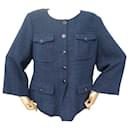 CHANEL JACKET ROUND NECK SIZE 42 L IN BLUE TWEED BLUE COTTON WOMAN JACKET - Chanel