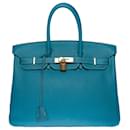 Splendid Hermès Birkin handbag 35 cm in Saint-Cyr blue Togo leather with white stitching