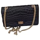 Chanel Medium Black Croc embossed crocodile Stitched satin 2.55 reissue lined flap bag with gold Mademoiselle hardware