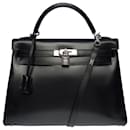 Splendid & Rare Hermes Kelly handbag 32 returned shoulder strap in black box leather, - Hermès
