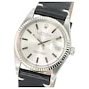 Rolex Mens Datejust Stainless Steel 36mm Silver Dial 14k White Gold Fluted Bezel Black Leather Band Watch 
