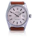 Rolex Mens Datejust Silver Dial Engine Turned Bezel 36mm Leather Band 