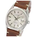 Rolex Mens Datejust Stainless Steel 36mm Silver Dial Engine Turned Bezel Brown Leather Band Watch 