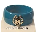 Pulseira rígida turquesa com logotipo Cavalli dourado - Roberto Cavalli