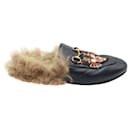 Gucci Princetown slippers with Angry Cat Appliqué in Black Leather