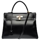 Beautiful Hermès Kelly bag 35 returned shoulder strap in black box leather,