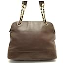 VINTAGE CHANEL CABAS SHOPPING LOGO CC BROWN LEATHER HAND BAG - Chanel