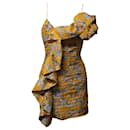 Magda Butrym Ruffled Floral Print Ruched Dress in Yellow Silk
