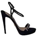Prada Crystal Embellished Ankle Strap Sandals in Black Satin