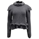 Ganni Cut-out Ruffled Ribbed Sweater in Grey Wool
