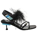 Prada Feather-Embellished Sandals in Black Satin