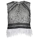 Self-Portrait Lace Tulle Overlay Feather Trim Top in Black Polyamide  - Self portrait