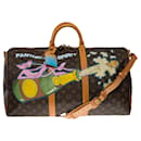 Exceptional Louis Vuitton Keepall travel bag 50 shoulder strap in brown monogram canvas and natural leather customized "PINK PANTHER SPIRIT"" by Street Art artist PatBo