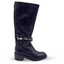 Black leather 2016 Lace-Up Cutout CC Knee High Boots Size 38 - Chanel