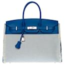 Exceptional Hermes Birkin handbag 35 Limited series "Fray Fray" bi-material in beige canvas with fringed edges and blue swift leather France - Hermès