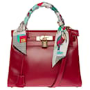 Exceptional Hermès Kelly handbag 28 returned shoulder strap in red box leather H (Bordeaux),