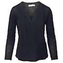 Sandro Paris V-Neck Pleated Long Sleeve Top in Black Cotton 
