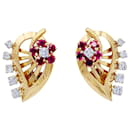 VINTAGE earrings, "Leaves", Rose gold, diamants, ruby. - inconnue