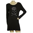 Philipp Plein Black Long Sleeves Rhinestones Skull T-shirt Mini Dress size XL