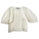 Magnífica blusa vintage 70/80s Cacharel 40 (taille 2) mezcla de algodón bordado blanco