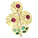 Vintage Cartier 18k yellow gold 750 3p ruby 6P Emerald Flower Brooch with Box