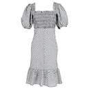 Ganni Smocked Puff Sleeve Gingham Dress in Black and White Polyester