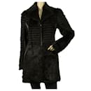 Thes & Thes Black Fur & Leather Long Sleeve Zipper Front Jacket Coat