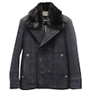 Boss Fur-Trimmed Plaid Double Breasted Coat in Navy Blue Wool - Hugo Boss