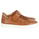 Versace Medusa Studded Low Top Sneakers in Tan Leather