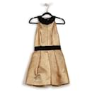 Miu Miu Metallic Gold Jacquard/Nylon Halter Neck Mini Dress With Black Trims