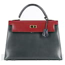 Hermès Edição Limitada Kelly 32 Bolsa tricolor em couro de bezerro Vert Fonce Rouge H e caixa índigo