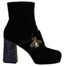 Gucci Soko Glitter-Heel Bee Boots in Black Velvet