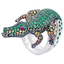 Boucheron Crocodile ring in white gold, set with diamonds and colored stones.