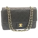 CHANEL Matelasse Double Chain Flap Shoulder Bag Lamb Skin Black Gold Auth 34511A - Chanel