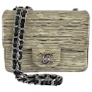 Chanel classic flap square mini yellow beige black striped patent leather silver hardware 24K GHW vintage