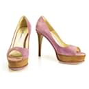 Brian Atwood Pink Purple Suede Open Toe Pumps Slim High Wooden Heels Shoes sz 37