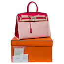 Birkin handbag 35 fray fray in beige canvas and raspberry leather -101119 - Hermès
