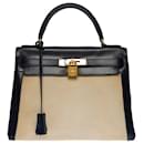 Hermès Kelly handbag 28 RETURNE BI-MATERIAL IN NAVY BOX LEATHER AND BEIGE CANVAS-100650