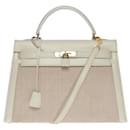 RARE HERMES KELLY BAG 32 SELLIER BANDOULIER BI-MATERIAL IN BEIGE CANVAS AND BROKEN WHITE LEATHER100753 - Hermès