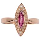 anello marchesa, Periodo di Napoleone III, perle e granato in oro rosa 750%O - Autre Marque