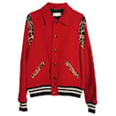 Saint Laurent Leopard-Trimmed Teddy Bomber Jacket in Red Lana Vergine