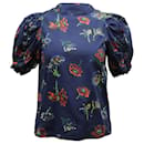 Ulla Johnson Floral Top with Puff Sleeves in Navy Blue Cotton 