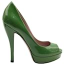 Gucci Peep-Toe High Heel Pumps in Green Patent Leather