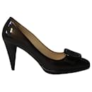 Prada Buckle Embellished Pumps in Brown Patent Leather 