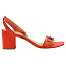 Tory Burch Marguerite Floral Cutout Mid Block Sandals in Red Leather