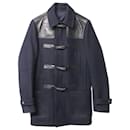 Valentino Duffle Coat with Leather Shoulder Detail in Navy Blue Wool  - Valentino Garavani